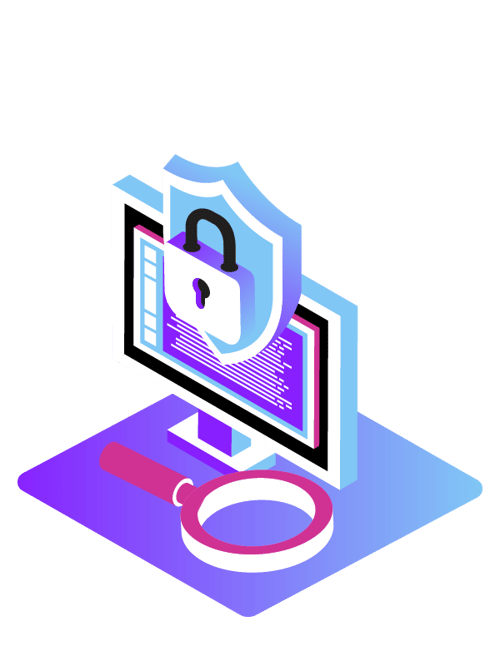 Up-to-date Illustration of a lock and shield guarding a computer monitor with a magnifying glass at its base