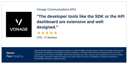 Image of a Gartner review for Vonage Communications APIs from a CTO in the IT Services industry, saying "The developer tools like the SDK or the API dashboard are extensive and well designed."