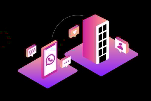 WhatsApp Business Illustration of WhatsApp logo inside smartphone next to a business building