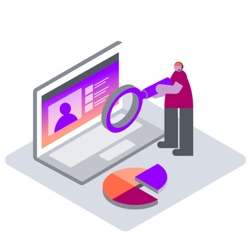 CC SEO Contact Center CRM Blog Header Illustration of an oversized agent holding a large magnifying glass in front of the screen of a laptop, showing a video conference in progress. On the ground in front of the laptop is a poie chart, with one of the slices raised out of the chart.