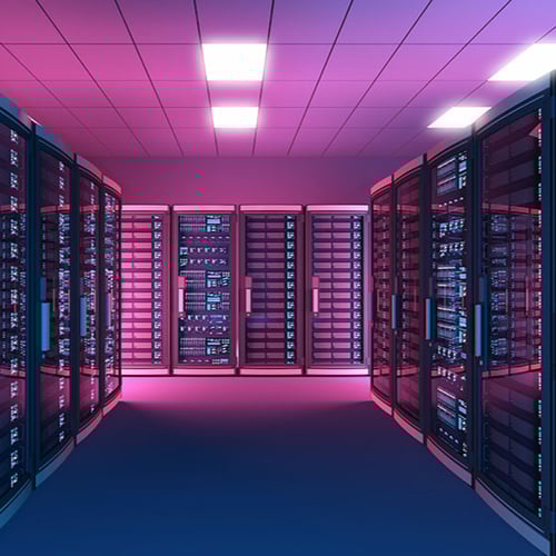 Data center Image of a data center bathed in pink and purple light