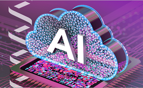 Global Customer Engagement Report Image AI Cloud imagery of a cloud with "AI" written in the middle, sitting atop a computer chip with vonage design elements, in a purple/pink color scheme