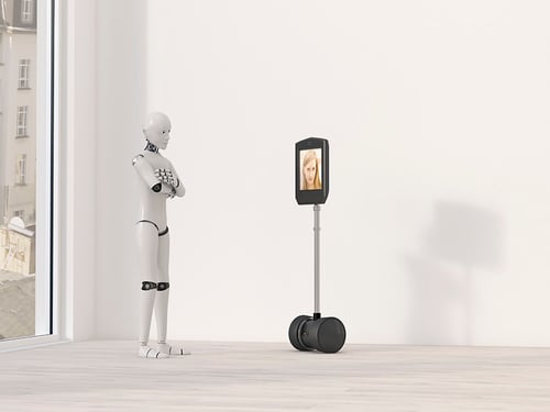 Robot at video conference Two robots talking to each other
