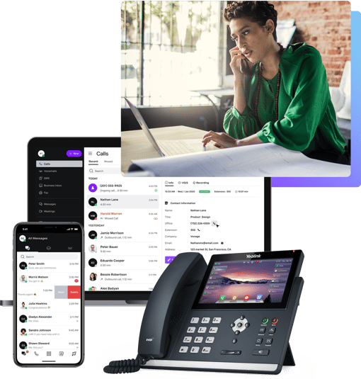 Communicate your way Woman working intently on her Vonage Business Phone system photo above cellphone, laptop and desk phone which are how you use VBC