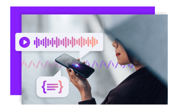 VOICE AI - AI STUDIO Image of woman holding mobile device and speaking into it.